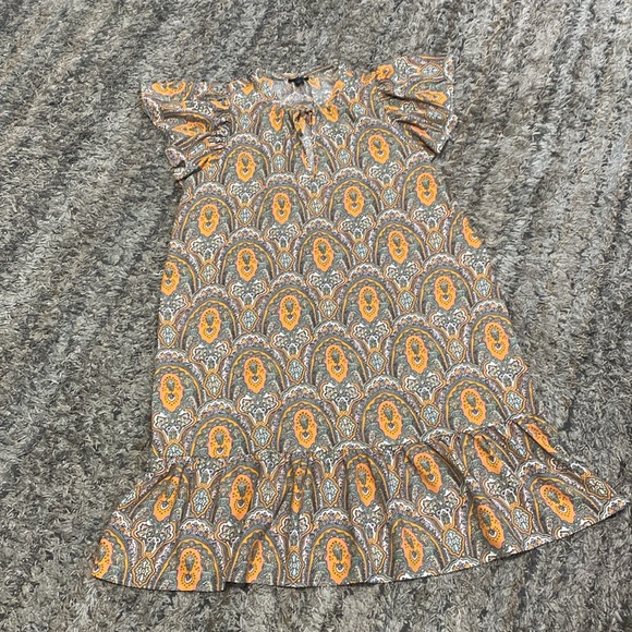 Ann Taylor factory Orange Patterned Dress with glitter sleeves sz M - Picture 3 of 12